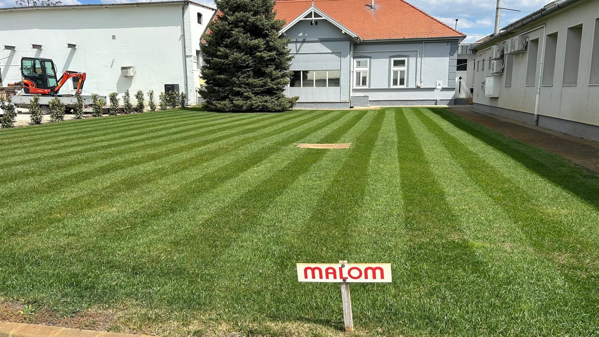 Piros-fekete fűnyíró traktor ülőkével és vágóasztallal zöld gyepen, park fái és bokrai mögött.